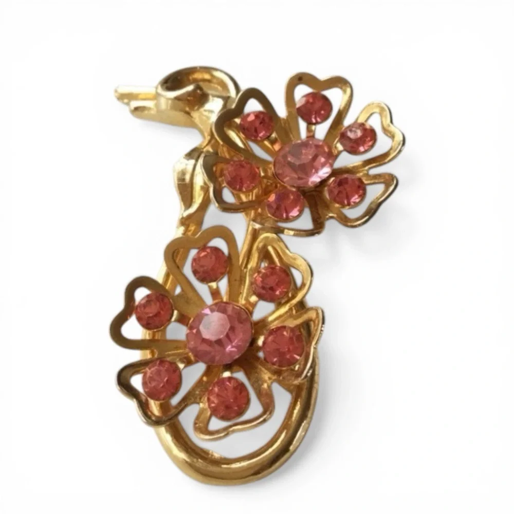 Vintage 1950s CORO Gold-Tone Floral Brooch w/ Pink Rhinestones